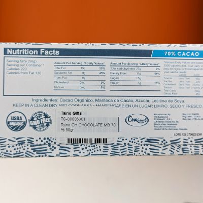 Тёмный шоколад 70% какао, Taino, 50 гр